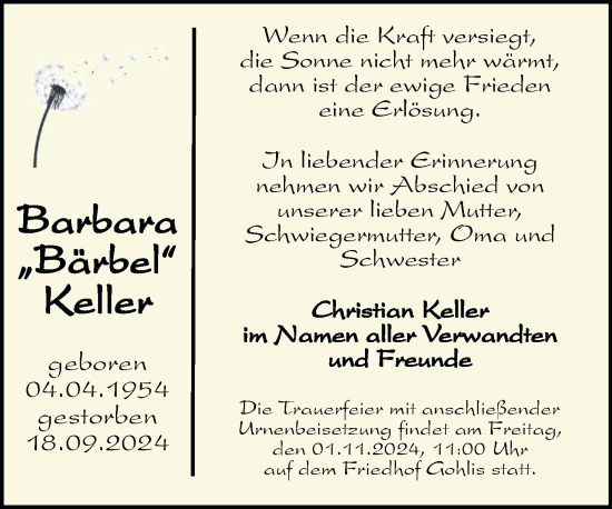 Traueranzeige von Barbara Keller von Trauerkombi Bitterfeld
