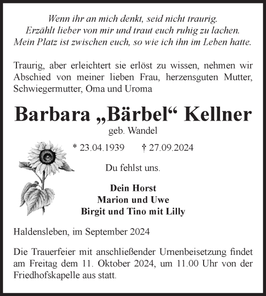 Traueranzeige von Barbara  Kellner von Volksstimme Haldensleben/Wolmirstedt