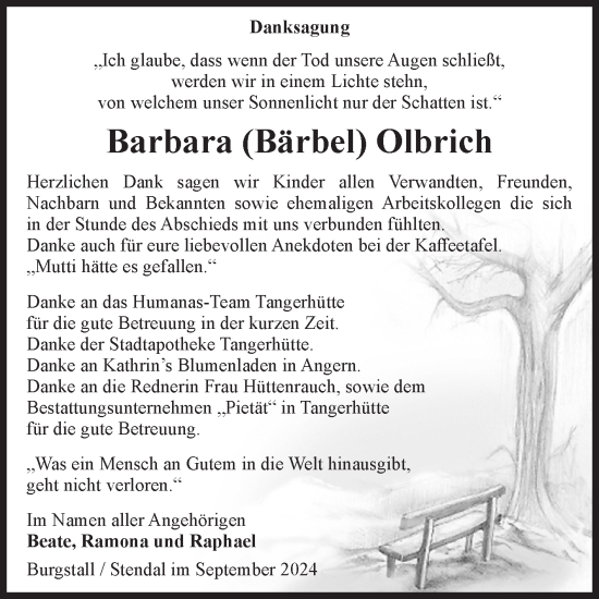 Traueranzeige von Barbara Olbrich von Volksstimme Altmark Ost
