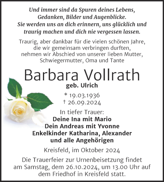 Traueranzeige von Barbara Vollrath von Trauerkombi Mansfelder Land