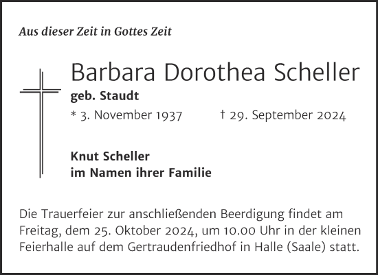 Traueranzeige von Barbara Dorothea Scheller von Mitteldeutsche Zeitung Halle/Saalkreis