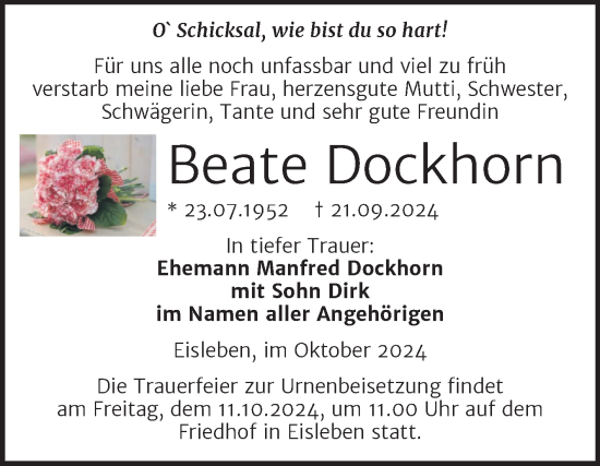 Traueranzeige von Beate Dockhorn von Mitteldeutsche Zeitung Mansfelder Land