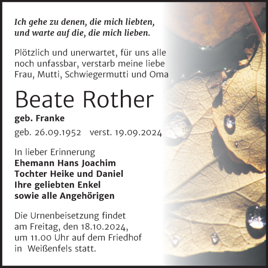 Traueranzeige von Beate Rother von Trauerkombi Weißenfels