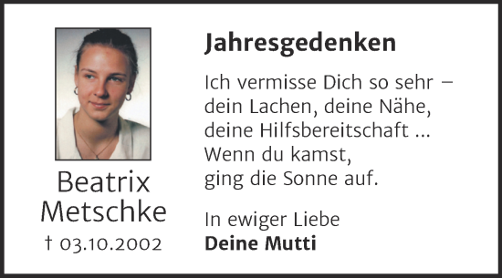 Traueranzeige von Beatrix Metschke von Trauerkombi Wittenberg