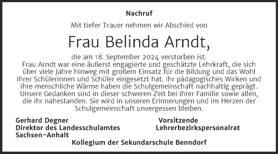 Traueranzeige von Belinda Arndt von Mitteldeutsche Zeitung Mansfelder Land