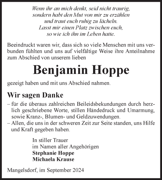 Traueranzeige von Benjamin Hoppe von Volksstimme Burg/Genthin