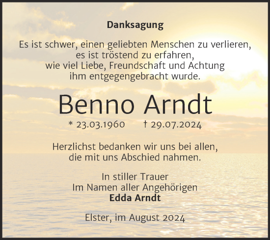Traueranzeige von Benno Arndt von Trauerkombi Wittenberg
