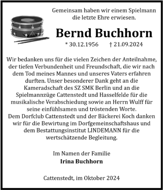 Traueranzeige von Bernd Buchhorn von Volksstimme Wernigerode