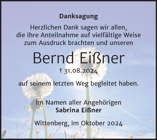 Traueranzeige von Bernd Eißner von Trauerkombi Wittenberg