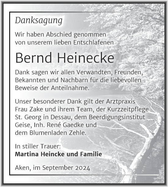 Traueranzeige von Bernd Heinecke von Trauerkombi Köthen