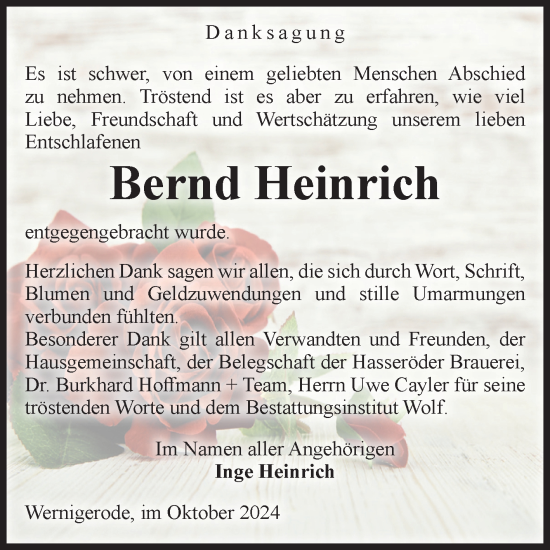 Traueranzeige von Bernd Heinrich von Volksstimme Wernigerode