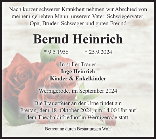 Traueranzeige von Bernd Heinrich von Volksstimme Wernigerode