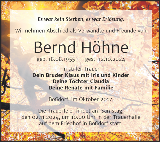 Traueranzeige von Bernd Höhne von Trauerkombi Wittenberg