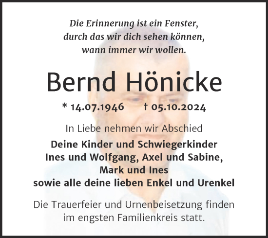 Traueranzeige von Bernd Hönicke von Trauerkombi Wittenberg