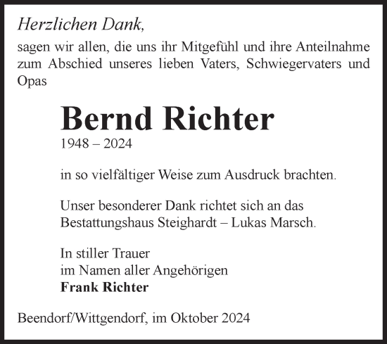 Traueranzeige von Bernd Richter von Volksstimme Haldensleben/Wolmirstedt