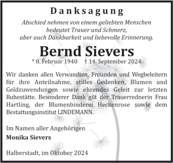 Traueranzeige von Bernd Sievers von Volksstimme Halberstadt