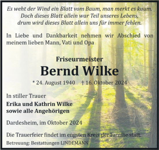 Traueranzeige von Bernd Wilke von Volksstimme Halberstadt