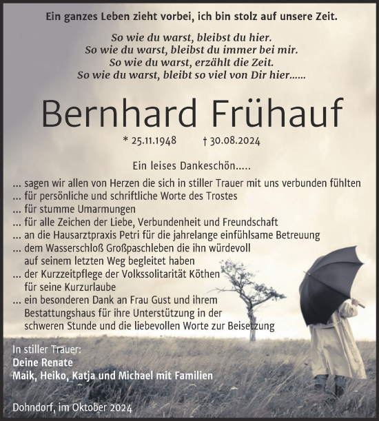 Traueranzeige von Bernhard Frühauf von Trauerkombi Köthen