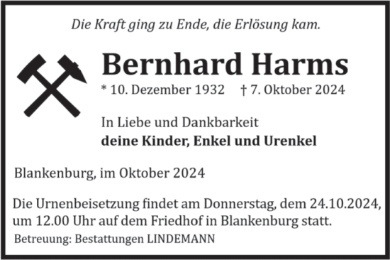 Traueranzeige von Bernhard Harms von Volksstimme Wernigerode