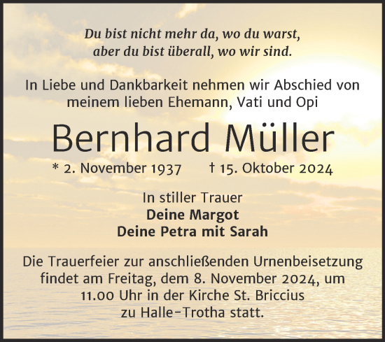 Traueranzeige von Bernhard Müller von Mitteldeutsche Zeitung Halle/Saalkreis