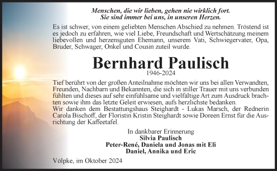 Traueranzeige von Bernhard Paulisch von Volksstimme Oschersleben/Wanzleben