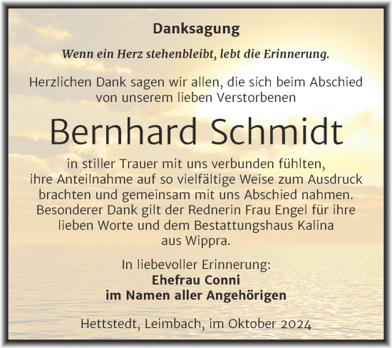 Traueranzeige von Bernhard Schmidt von Trauerkombi Mansfelder Land