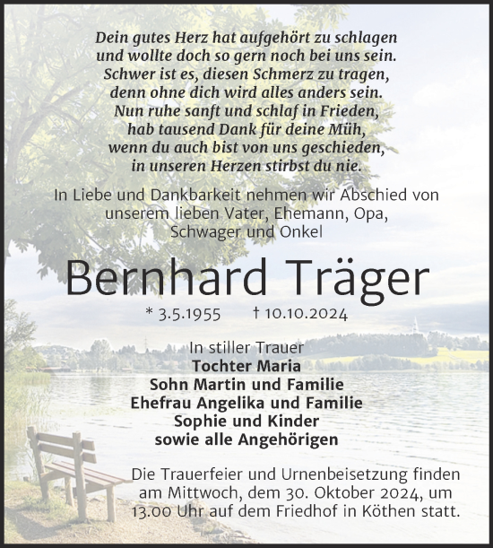 Traueranzeige von Bernhard Träger von Trauerkombi Köthen