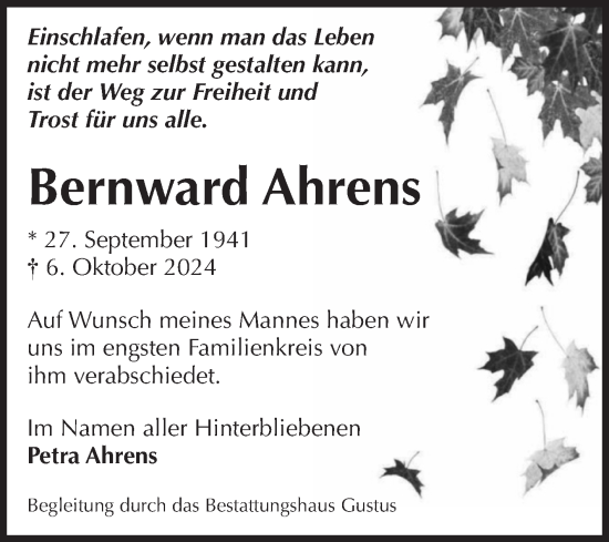 Traueranzeige von Bernward Ahrens von Volksstimme Halberstadt