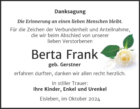 Traueranzeige von Berta Frank von Super Sonntag Mansfelder Land