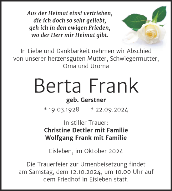 Traueranzeige von Berta Frank von Super Sonntag Mansfelder Land