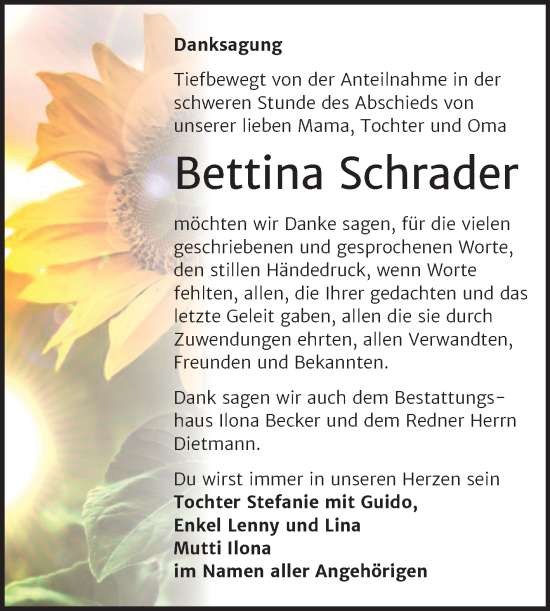 Traueranzeige von Bettina Schrader von Trauerkombi Sangerhausen