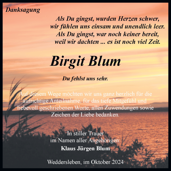 Traueranzeige von Birgit Blum von Trauerkombi Quedlinburg