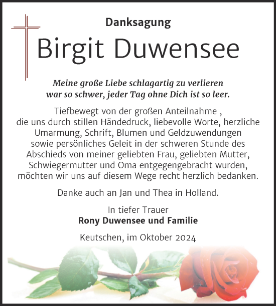 Traueranzeige von Birgit Duwensee von Trauerkombi Weißenfels