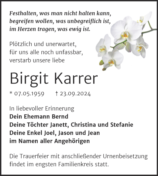 Traueranzeige von Birgit Karrer von Trauerkombi Bitterfeld