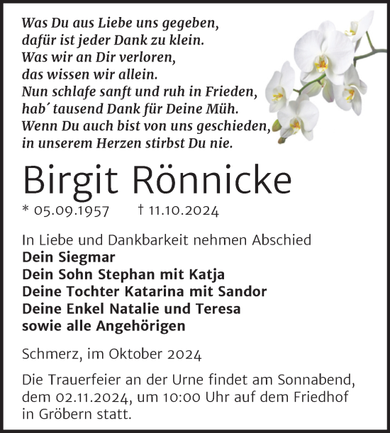 Traueranzeige von Birgit Rönnicke von Trauerkombi Wittenberg