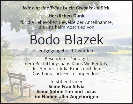 Traueranzeige von Bodo Blazek von Trauerkombi Weißenfels
