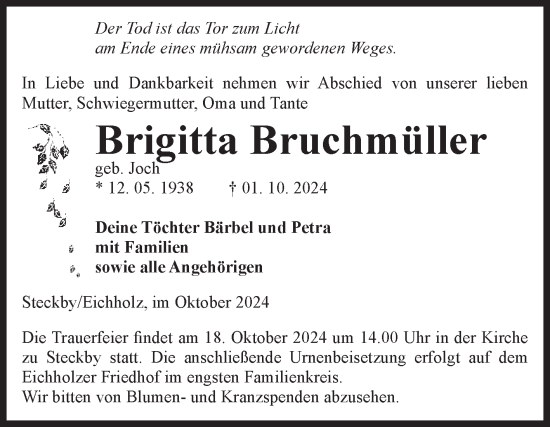 Traueranzeige von Brigitta Bruchmüller von Volksstimme Zerbst