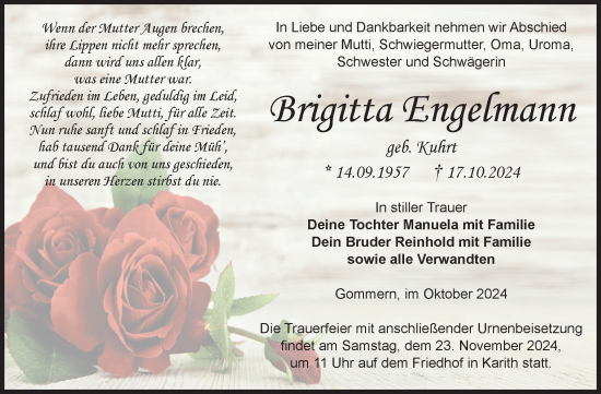 Traueranzeige von Brigitta Engelmann von Volksstimme Burg/Genthin
