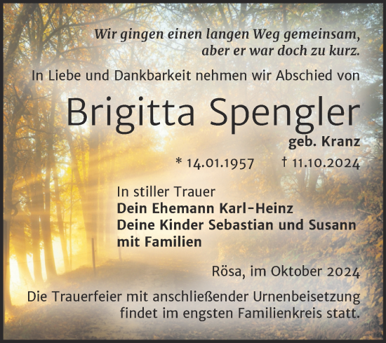 Traueranzeige von Brigitta Spengler von Trauerkombi Bitterfeld