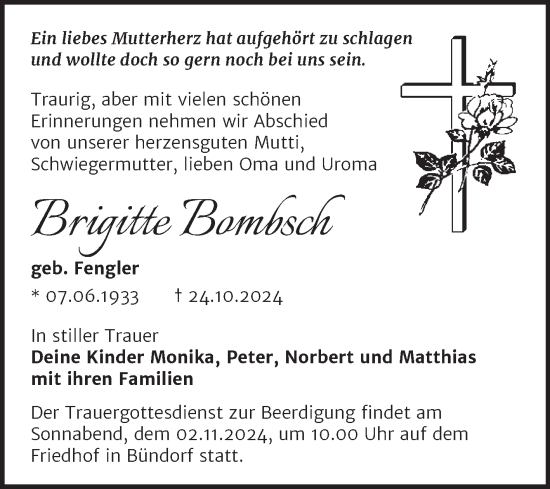 Traueranzeige von Brigitte Bombsch von Trauerkombi Merseburg