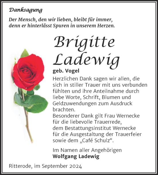 Traueranzeige von Brigitte Ladewig von Trauerkombi Mansfelder Land