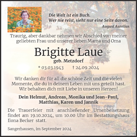Traueranzeige von Brigitte Laue von Trauerkombi Sangerhausen
