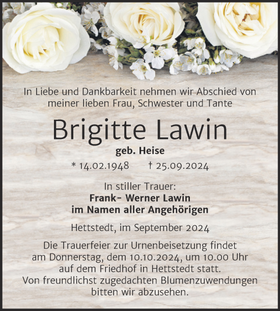 Traueranzeige von Brigitte Lawin von Trauerkombi Mansfelder Land