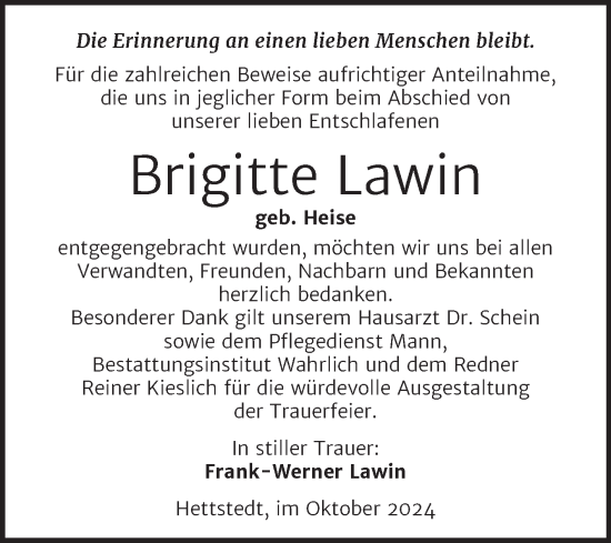 Traueranzeige von Brigitte Lawin von Trauerkombi Mansfelder Land