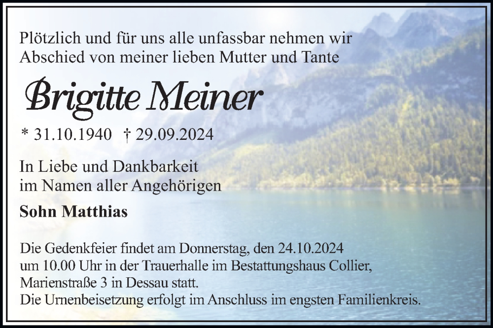  Traueranzeige für Brigitte Meiner vom 12.10.2024 aus Trauerkombi Dessau