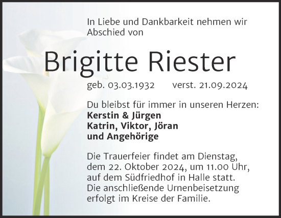 Traueranzeige von Brigitte Riester von Mitteldeutsche Zeitung Halle/Saalkreis