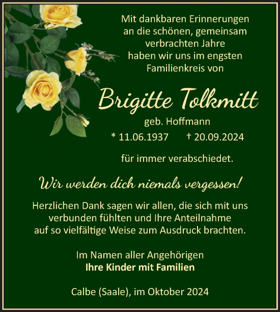 Traueranzeige von Brigitte Tolkmitt von Volksstimme Schönebeck