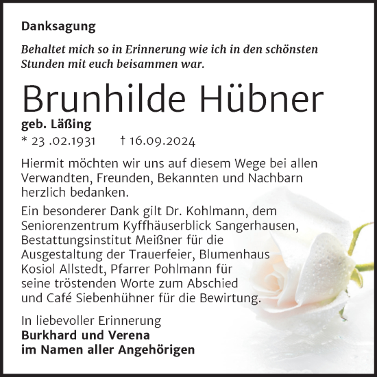 Traueranzeige von Brunhilde Hübner von Trauerkombi Sangerhausen