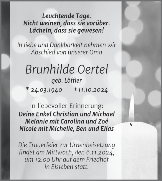 Traueranzeige von Brunhilde Oertel von Trauerkombi Mansfelder Land