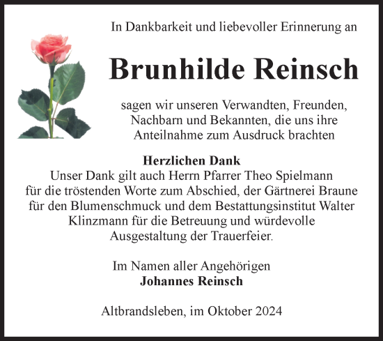 Traueranzeige von Brunhilde Reinsch von Volksstimme Oschersleben/Wanzleben